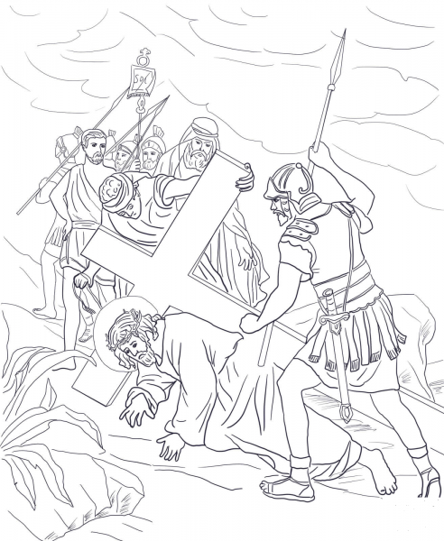 Seventh Station – Jesus Falls a Second Time coloring page image
