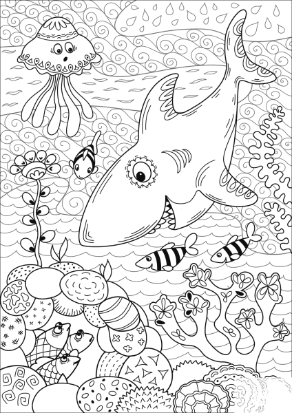 Shark Hunting in Coral Reef coloring page image