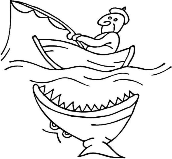 Shark Near Fishing Boat coloring page image