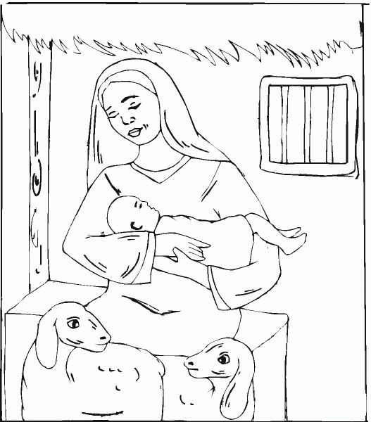 Sheep near Jesus nursery coloring page image