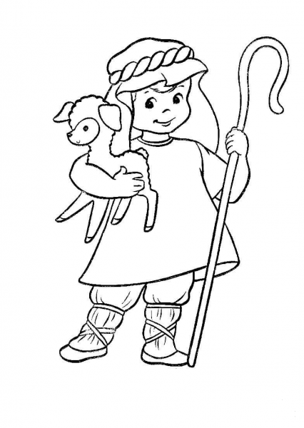 Shepherd with a lamb in his hands coloring page image