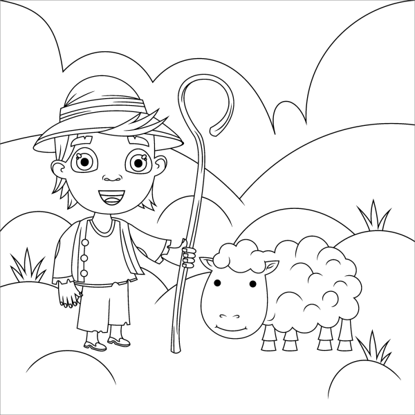 Shepherd with with a Sheep coloring page image