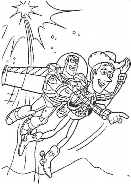 Sheriff Woody And Buzz Lightyear are flying coloring page image