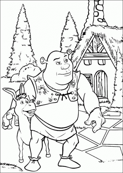 Sherk And Donkey near the house coloring page image