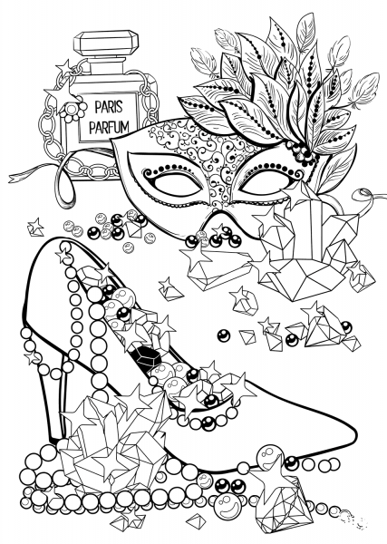 Shoe, Parfum and Mask coloring page image