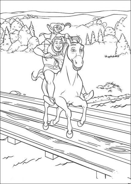 Shreck rides a horse to Fiona  coloring page image