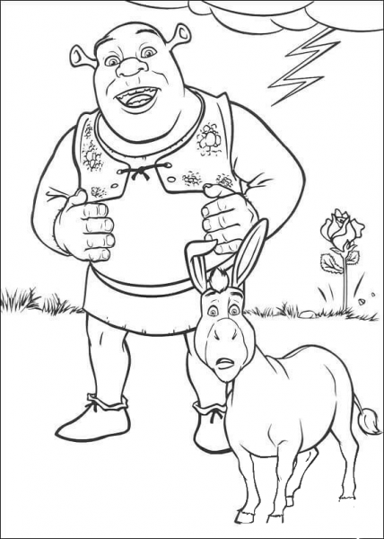 Shrek and Donkey are surprised coloring page image