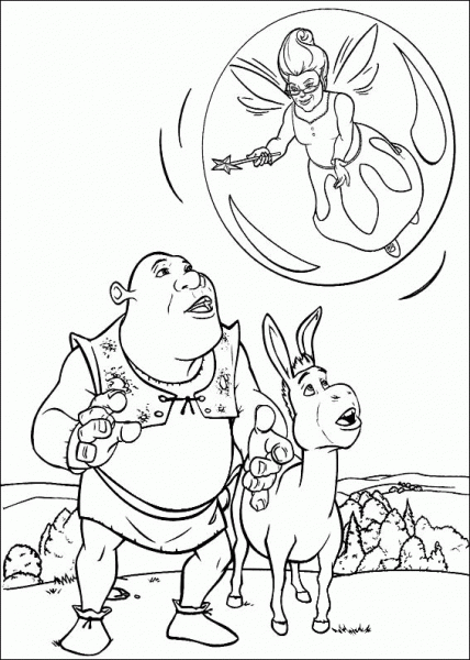 Shrek, Donkey and Fairy  coloring page image