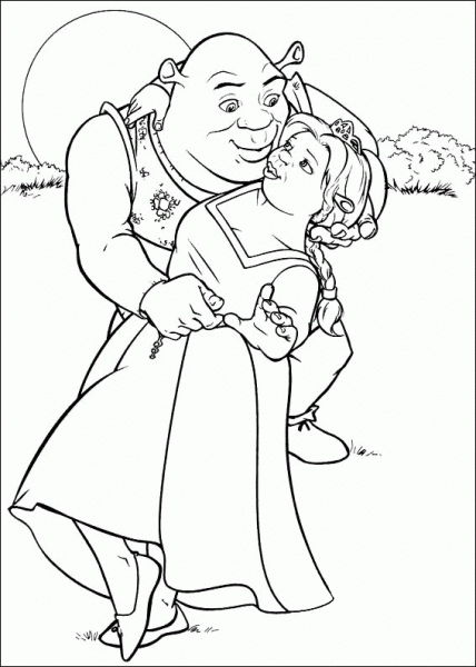 Shrek is dancing with Fiona under The Moon  coloring page image