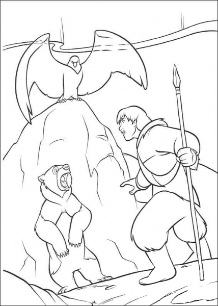 Sitka with spear and bear coloring page image