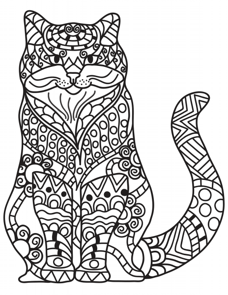 Sitting Cat in Zentangle Style coloring page image