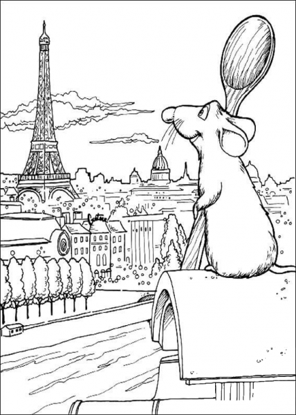 Sitting on the roof of a Parisian mansion, Remy dreams of becoming a chef. Eiffel tower is on the horizon. coloring page image
