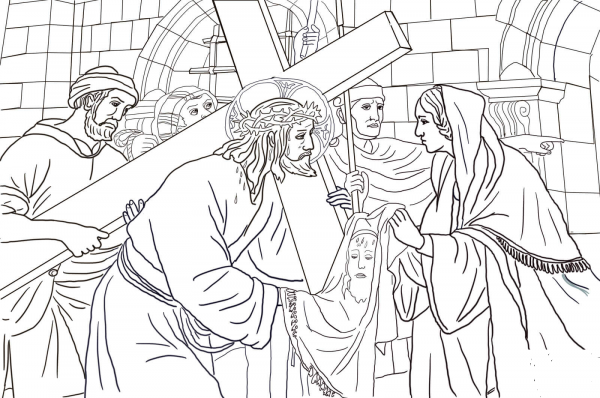 Sixth Station – Veronica Wipes the Face of Jesus coloring page image