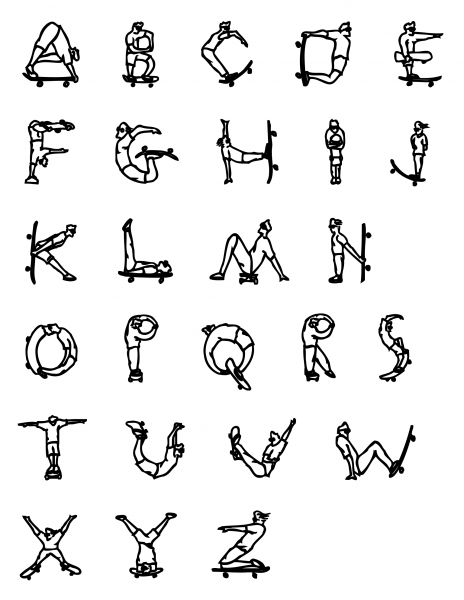 Skateboard Alphabet Chart coloring page image
