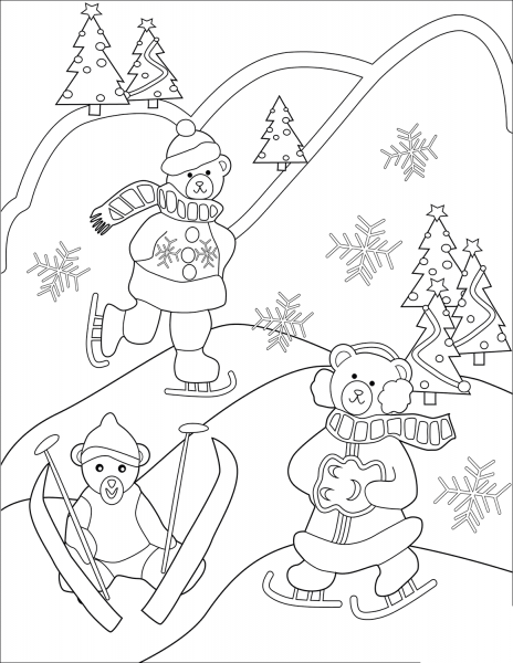 Skating and Skiing Bears coloring page image