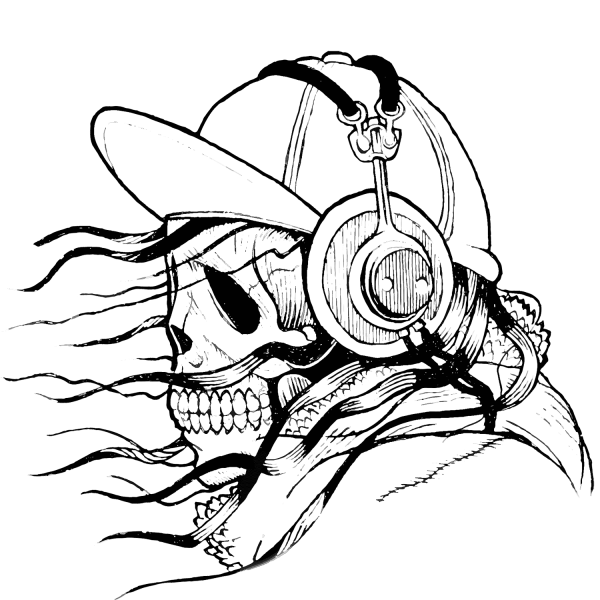 Skull in Cap and Headphones coloring page image