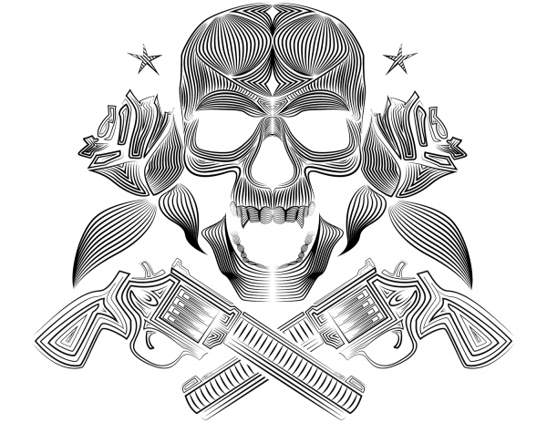Skull, Roses, and Guns coloring page image