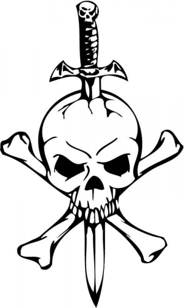 Skull with a Sword and Two Bones coloring page image