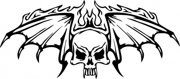 Skull with Wings in Flames coloring page image