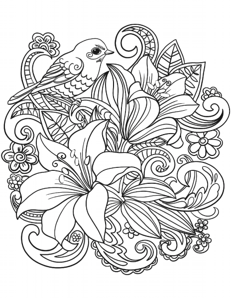 Skylark and Flowers coloring page image