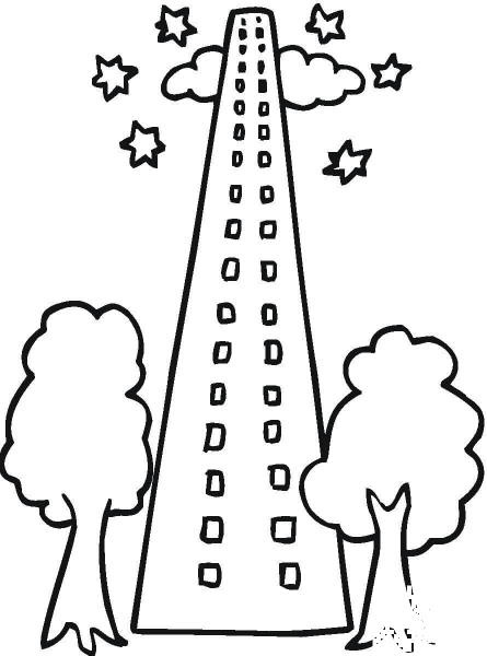 Skyscraper with two trees in front coloring page image