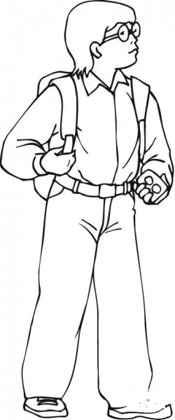 Smart Boy with Glasses Carrying His Backpack coloring page image