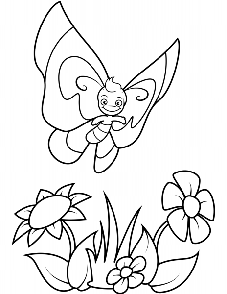 Smiling Butterfly Boy Flies over Flowers coloring page image