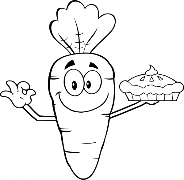 Smiling Cartoon Carrot Holding Up a Pie coloring page image