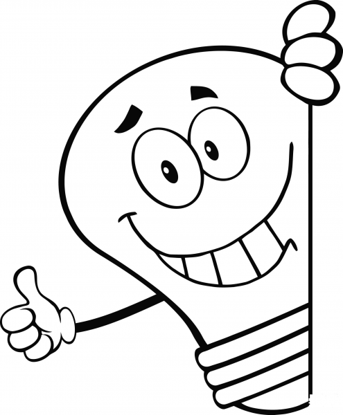 Smiling Cartoon Light Bulb Giving a Thumb up coloring page image