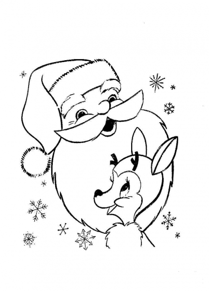 Smiling Santa’s face and fox coloring page image
