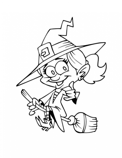 Smiling Witch on a Broom coloring page image