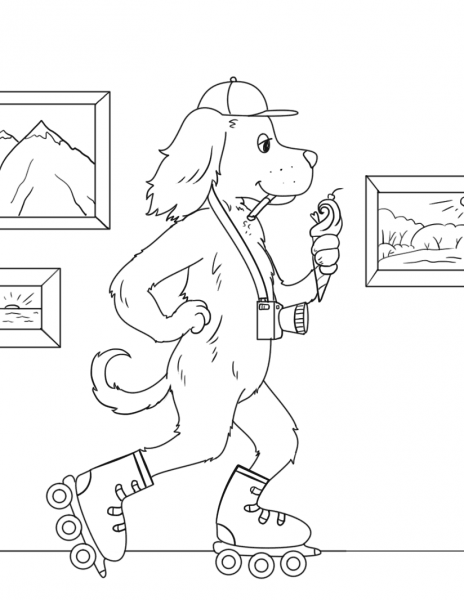 Smoking Dog with Ice Cream on Roller Skates in a Museum coloring page image