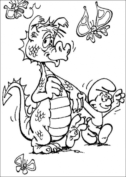 Smurf And Dragon  coloring page image