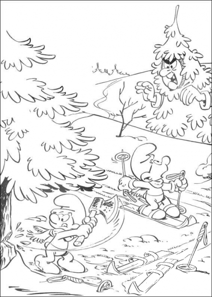 Smurf Is Cutting The Tree  coloring page image