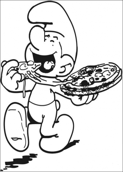 Smurf Is Eating a pizza coloring page image