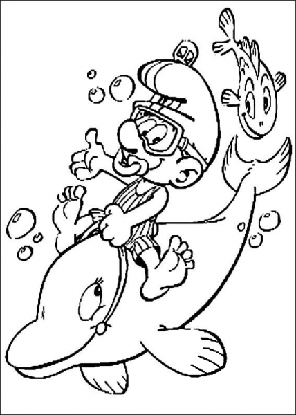 Smurf Is Riding A Dolphin  coloring page image