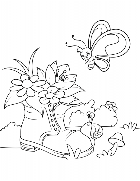 Snail, Butterfly and Old Shoe with Flowers coloring page image