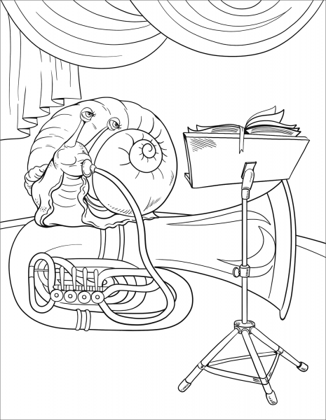 Snail Playing Tuba coloring page image
