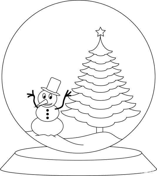 Snow Globe with Snowman and Chrismas Tree coloring page image