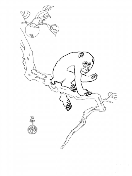 Snow Monkey on the Tree by Ohara Koson coloring page image