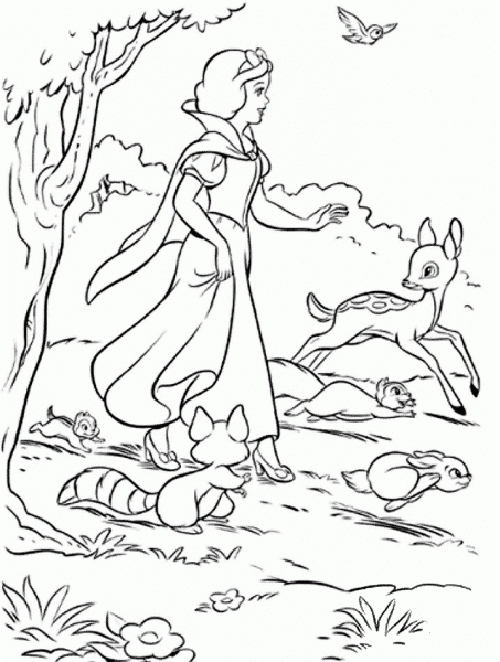Snow White and woodland Animals coloring page image