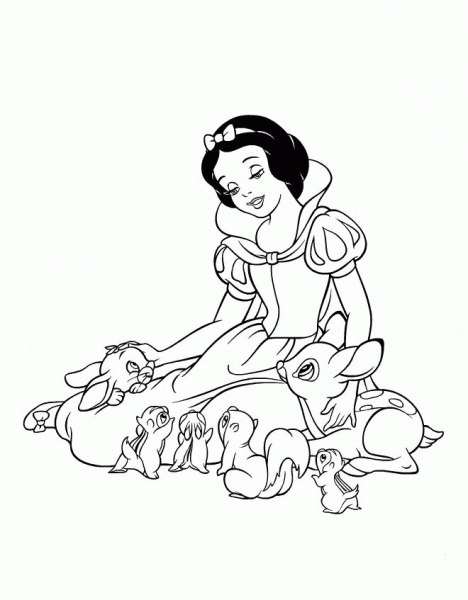 Snow White Is Playing With The forest animals coloring page image