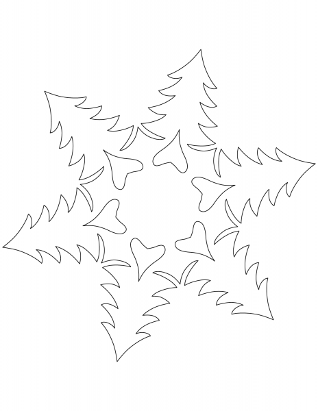 Snowflake Pattern with Christmas Trees coloring page image