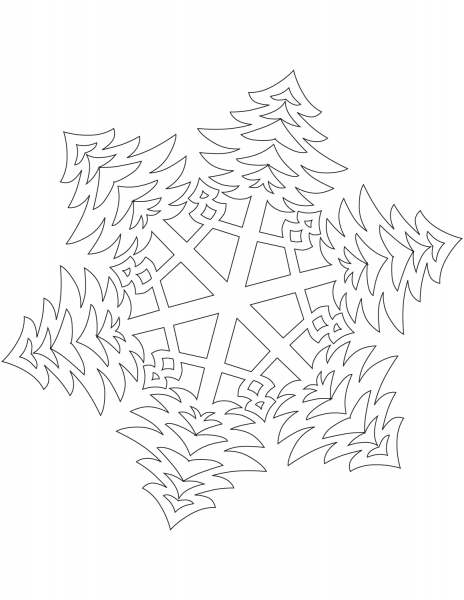 Snowflake with Bushy Christmas Trees Pattern coloring page image