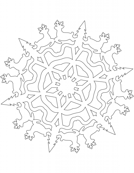 Snowflake with Christmas Reindeers coloring page image