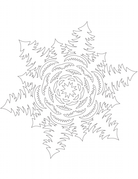 Snowflake with Christmas Tree Forest coloring page image