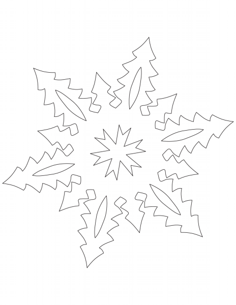Snowflake with Tall Christmas Trees Pattern coloring page image