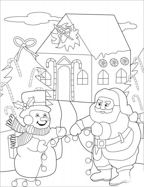 Snowman and Santa Preparing Christmas Trees with Baubles coloring page image