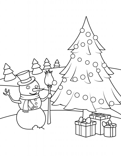 Snowman, Christmas Tree and Presents coloring page image