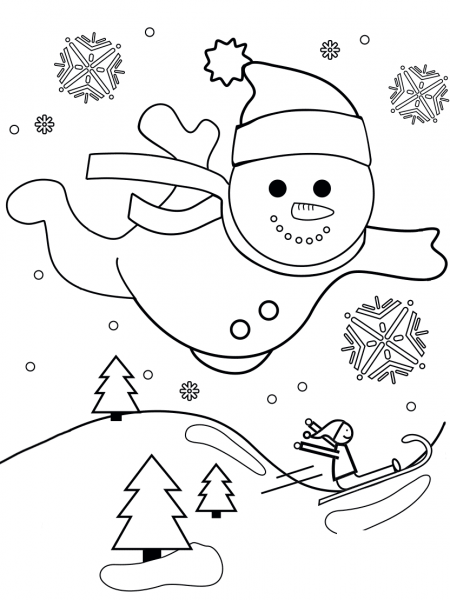 Snowman Flying Through the Air coloring page image